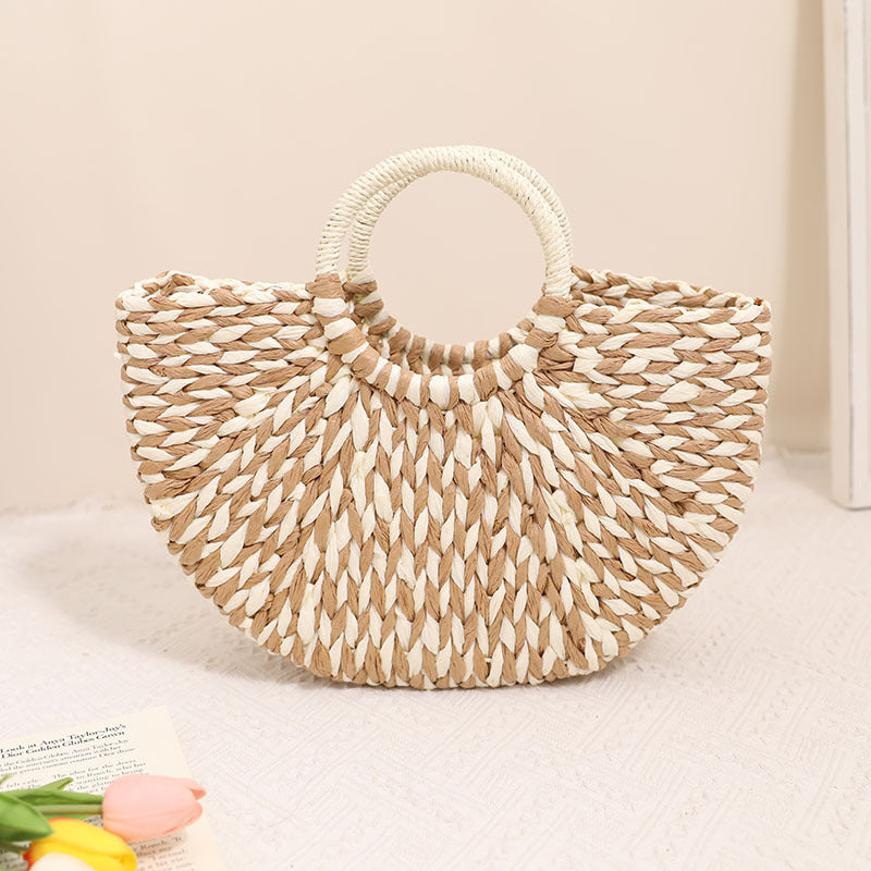 Niche Semicircle Portable Straw Weaved Bag Retro Color Hand Carrying Straw Bag Woven Bag Women Seaside Vacation Beach Bag One Size Coffee