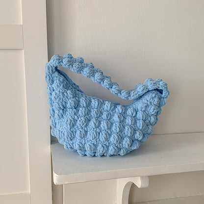 Cute Portable Beanie Straw Bag Handmade Crocheted Solid Color Hand Carrying Woven Bag Women Seaside Vacation Beach Bag One Size Color Doudou Bag Blue
