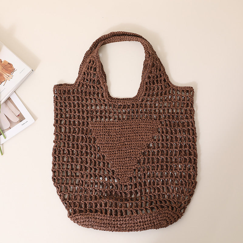 Large Capacity Hollow Out Cutout Straw Bag Fresh Candy Color One Shoulder Tote Woven Bag Portable Women Beach Bag One Size Deep Coffee