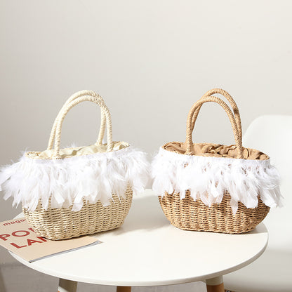 Straw Bag Women Fairy Feather Model Straw Bag Woven Bag Handbag Travel Bag Vacation Beach Bag