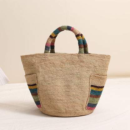 High Grade Raffia Portable Straw Weaved Bag Color Outer Pocket Straw Bag Woven Bag Women Seaside Vacation Beach Bag One Size Color Handle Lafite