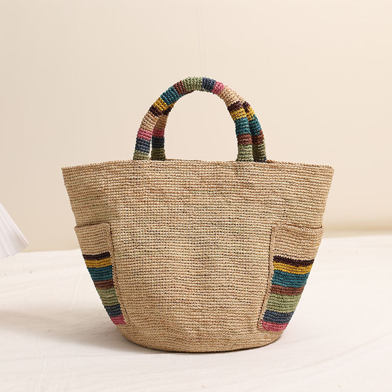 High Grade Raffia Portable Straw Weaved Bag Color Outer Pocket Straw Bag Woven Bag Women Seaside Vacation Beach Bag One Size Color Handle Lafite