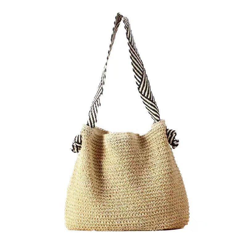 Navy Straw Bag Handmade Shoulder Woven Bag Women Bag Holiday Beach Bag One Size Striped Handle Creamy-white