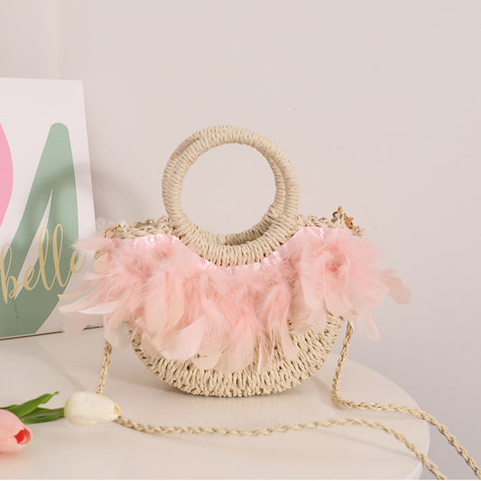 Fairy Feather Crossbody Straw Bag Cute Portable Semicircle Straw Bag Woven Bag Rattan Weave Bag Seaside Vacation Beach Bag One Size Feather Mini Size Rice Noodles