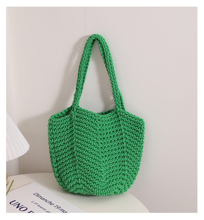 South Korea Vintage Shoulder Cotton Thread Woven Bag Crochet Handbag Straw Bag Vacation Beach Bag One Size Cotton Thread Carambola Green Belt Magnetic Snap