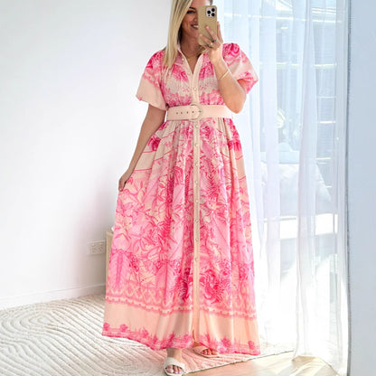 Stand Collar Ruffle Top High Waist Three Dimensional Mid Length Women Pink