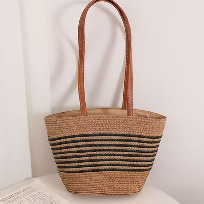 Striped Shoulder Straw Bag Woven Bag Summer Large Capacity Casual All Match Women Seaside Beach Rattan Woven Bag One Size Belt Pinstripe Small Size