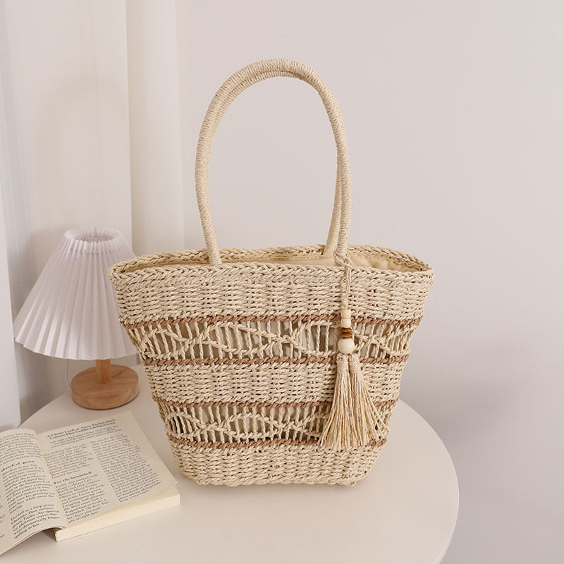 Hollow Out Cutout Shoulder Straw Bag Tassel Portable Straw Bag Woven Bag Vacation Beach Bag Women Bag One Size Rice