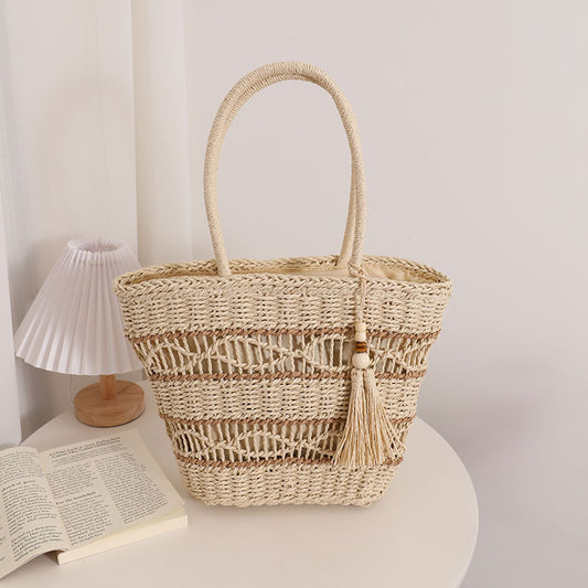 Hollow Out Cutout Shoulder Straw Bag Tassel Portable Straw Bag Woven Bag Vacation Beach Bag Women Bag One Size Rice