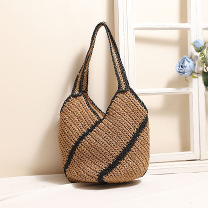 Niche Geometric Abstract Shoulder Straw Bag Color Contrast Large Capacity Straw Bag Woven Bag Seaside Vacation Beach Bag