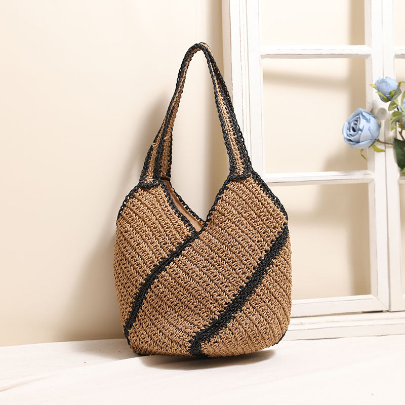 Niche Geometric Abstract Shoulder Straw Bag Color Contrast Large Capacity Straw Bag Woven Bag Seaside Vacation Beach Bag