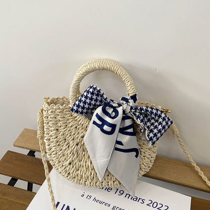 Cute Crossbody Straw Bag Plaid Scarf Portable Straw Bag Woven Bag Vacation Beach Bag Mori Women Bag One Size Houndstooth Mini Size M