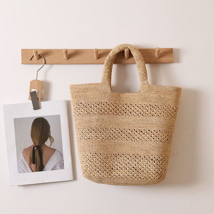 Raffia Portable Straw Weaved Bag Hand Carrying Large Capacity Hollow Out Cutout Woven Bag Seaside Vacation Beach Bag One Size Brown