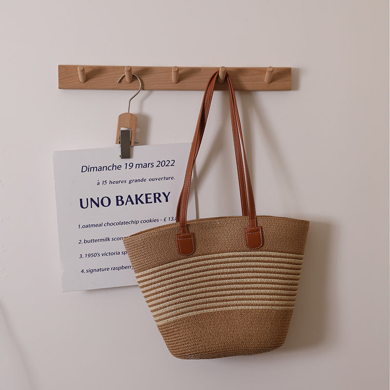 Striped Shoulder Straw Bag Woven Bag Summer Large Capacity Casual All Match Women Seaside Beach Rattan Woven Bag One Size Belt Beige Stripe