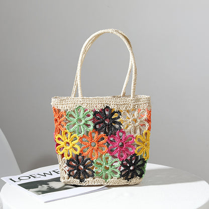 Straw Bag Summer Fresh Cutout Floral Hand Woven Bag Women Bag Portable Seaside Vacation Beach Bag