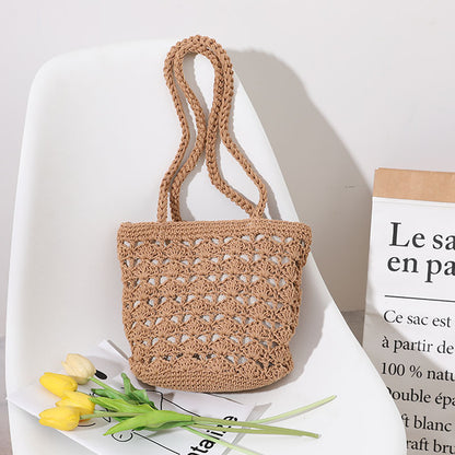 Korean Hollow Out Cutout Cotton Thread Hand Woven Bag Chi Elegant One Shoulder Portable Straw Weaved Bag Seaside Vacation Beach Bag