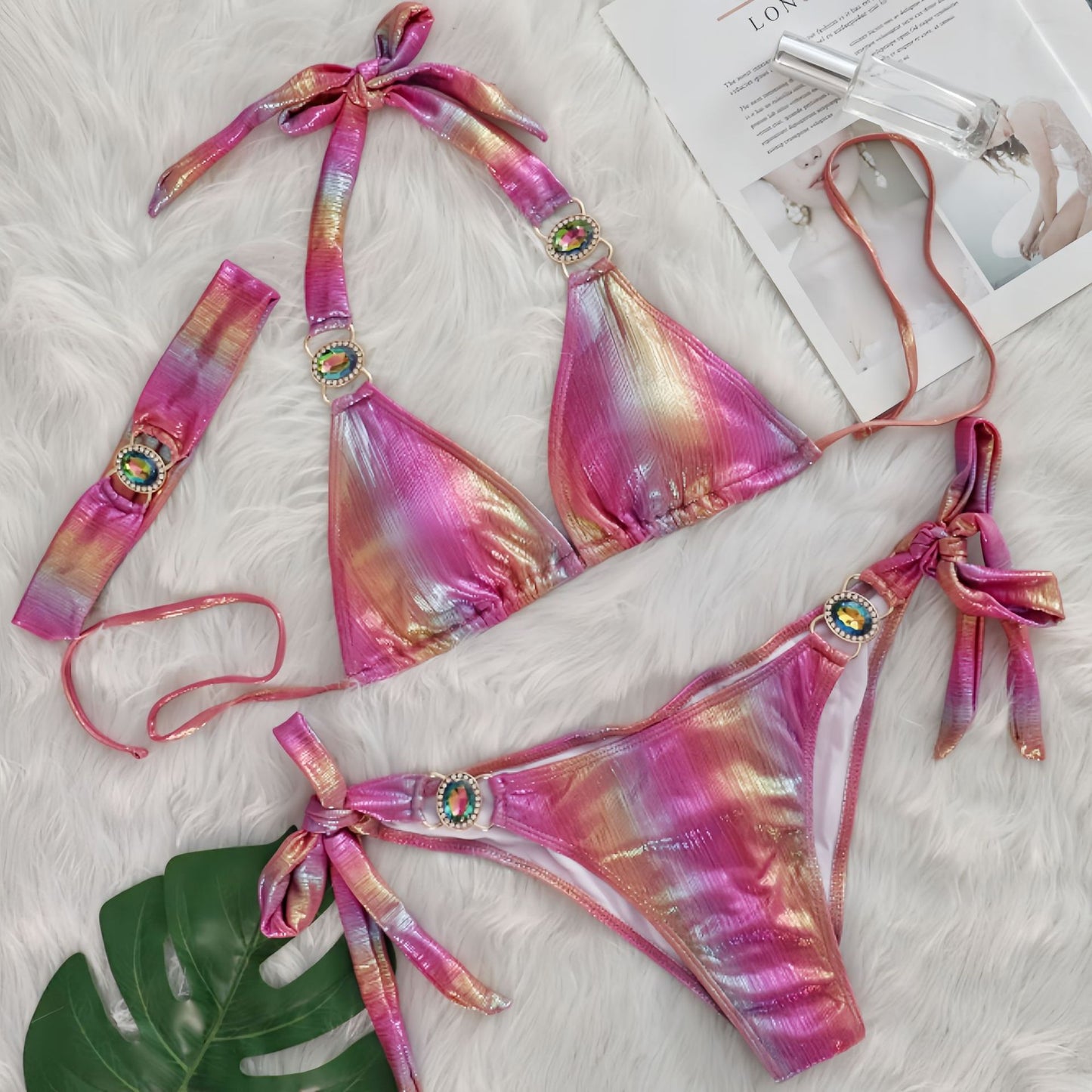 Sexy Bikini Crystal Diamond Three Piece Split Swimsuit Beach Shiny Women Swimsuit Colorful Orange Powder