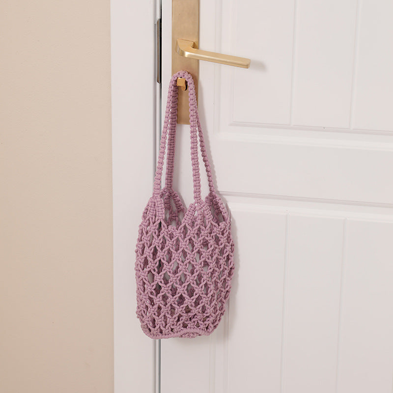 Hollow Out Cutout Cotton Thread Woven Bag Shoulder Handmade Straw Bag Fishing Net Bag Seaside Vacation Beach Bag Women Bag One Size Purple