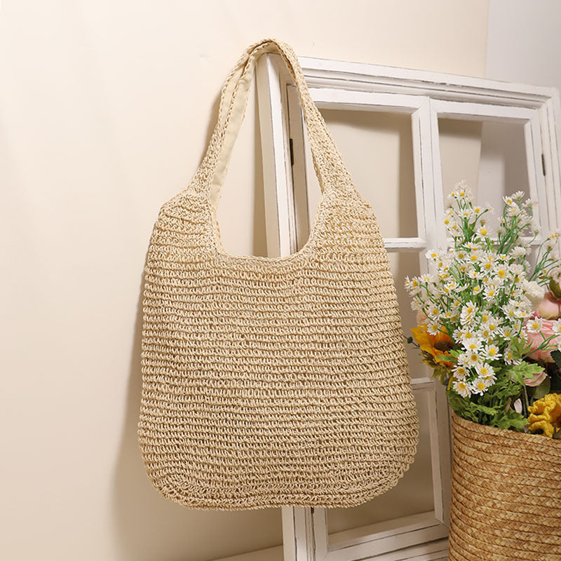 Large Capacity Shoulder Straw Bag Simple Straw Bag Woven Bag Vacation Beach Bag Casual Women Bag One Size Double-Handle Rice