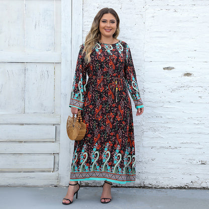 Plus Size Ethnic Loose Maxi Dress Cashew Printed Long Sleeve Dress New Black