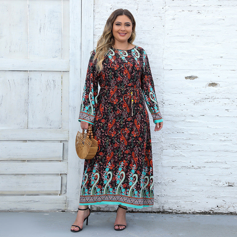 Plus Size Ethnic Loose Maxi Dress Cashew Printed Long Sleeve Dress New Black