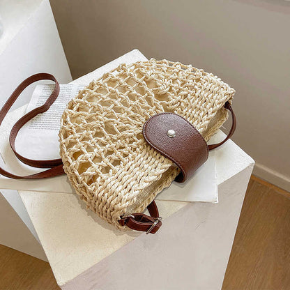 Fresh Hollow Out Cutout Semicircle Straw Bag Shoulder Crossbody Casual Straw Bag Woven Bag Vacation Beach Bag