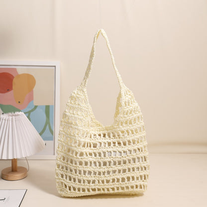 French Large Capacity Shoulder Straw Bag Hollow Out Cutout Tote Portable Straw Bag Woven Bag Seaside Vacation Beach Bag One Size White