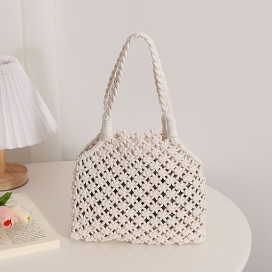 Hollow Out Cutout Cotton Thread Woven Bag Summer Cotton String Women Bag Portable Solid Color Straw Bag Vacation Beach Bag