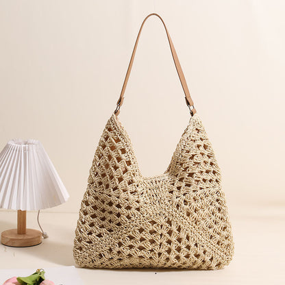 Casual Hollow Out Cutout Shoulder Straw Bag Triangle Large Capacity Straw Bag Woven Bag Vacation Beach Bag Women Bag One Size Shaped Grandma Grid Pure Rice