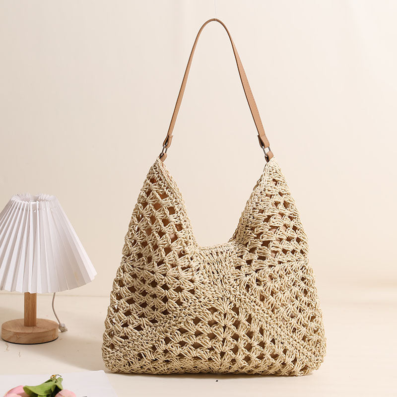 Casual Hollow Out Cutout Shoulder Straw Bag Triangle Large Capacity Straw Bag Woven Bag Vacation Beach Bag Women Bag One Size Shaped Grandma Grid Pure Rice