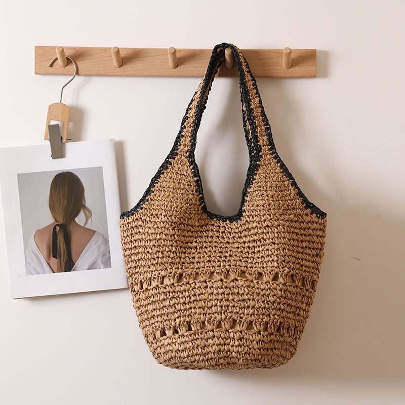 Large Capacity One Shoulder Straw Bag Casual Hollow Out Cutout Portable Straw Bag Woven Bag Women Seaside Vacation Beach Bag One Size Black Side Double Handle Coffee