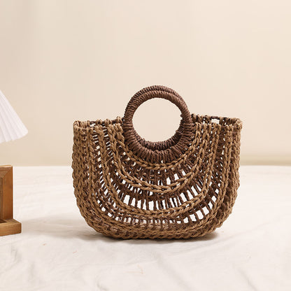 Hollowed out Semicircle Portable Straw Weaved Bag Round Handle Contrast Color Straw Bag Woven Bag Women Seaside Vacation Beach Bag One Size Color Matching Hollow out Yuan Bucket Coffee