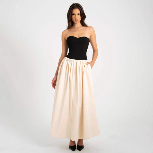 Summer Color Contrast Tube Top Sleeveless Dress Women Clothing