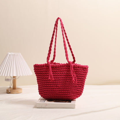 Tassel Shoulder Cotton Thread Woven Bag Solid Color Straw Bag Vacation Beach Bag Casual Women Bag One Size Bean Bag Tassel Rose Red