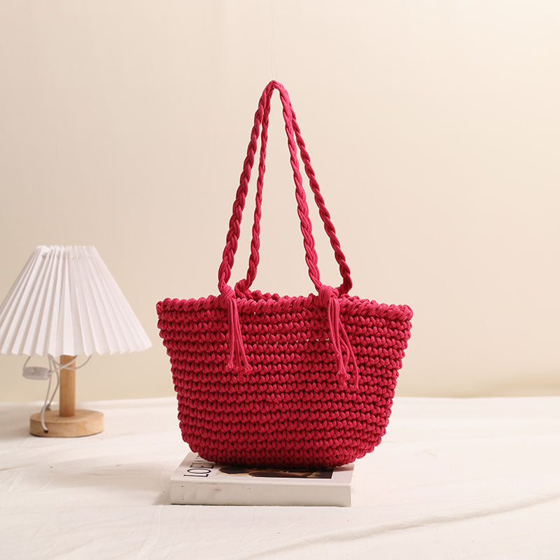 Tassel Shoulder Cotton Thread Woven Bag Solid Color Straw Bag Vacation Beach Bag Casual Women Bag One Size Bean Bag Tassel Rose Red