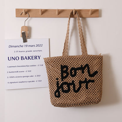 Letter Graphic Embroidery Woven Bag All Match Shoulder Hollow Out Cutout Straw Bag Vacation Beach Bag Women Bag One Size Letter One Shoulder Coffee Black