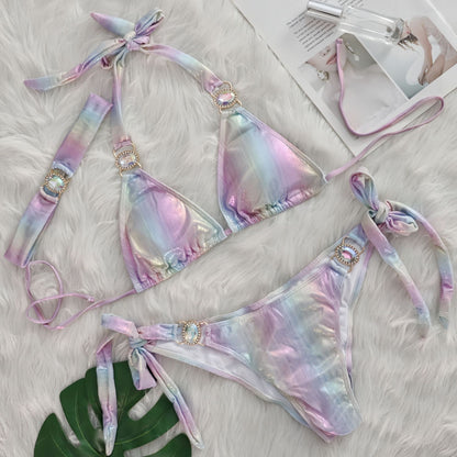 Sexy Bikini Crystal Diamond Three Piece Split Swimsuit Beach Shiny Women Swimsuit Colorful Silver Powder