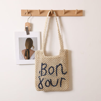 Letter Graphic Embroidery One Shoulder Straw Bag Hollow Out Cutout out Straw Bag Woven Bag Vacation Beach Bag Women Bag One Size Letter Concave Bag Beige and Blue Letters