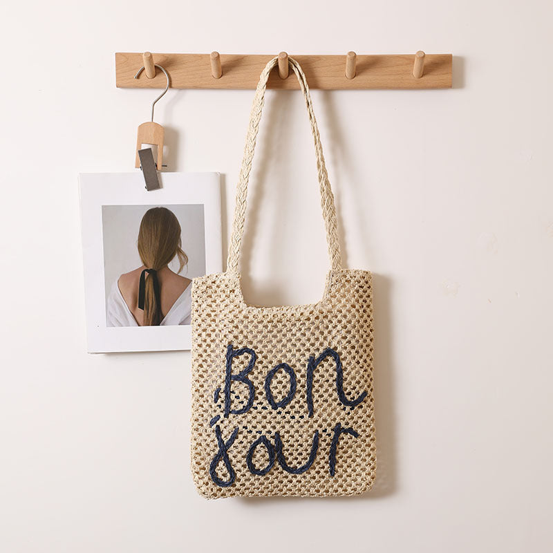 Letter Graphic Embroidery One Shoulder Straw Bag Hollow Out Cutout out Straw Bag Woven Bag Vacation Beach Bag Women Bag One Size Letter Concave Bag Beige and Blue Letters