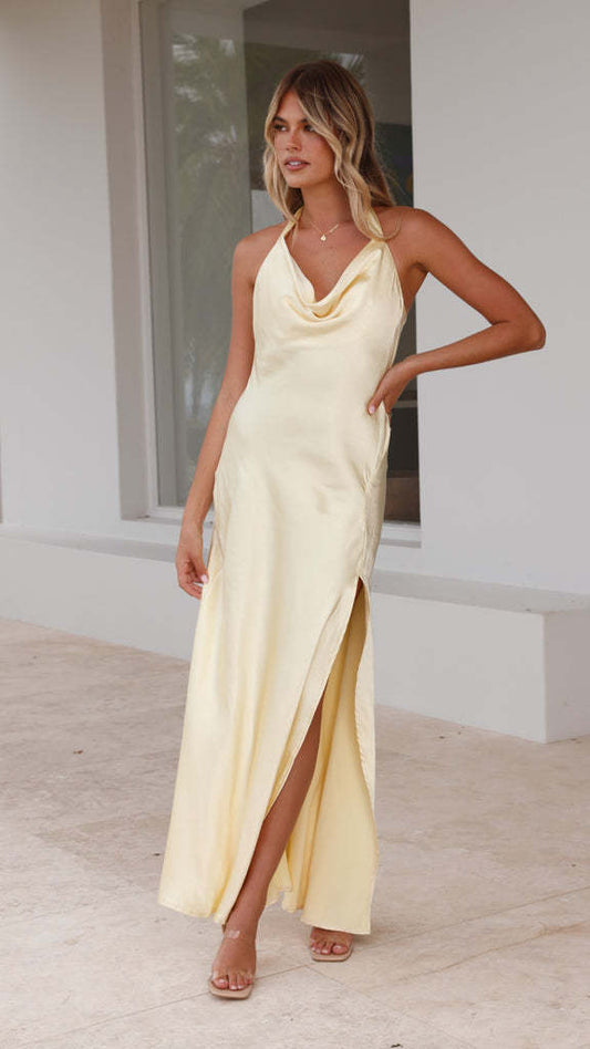Women Summer Suspender Sexy Slit Dress Slim Fit Backless Solid Color Maxi Dress Pale Yellow