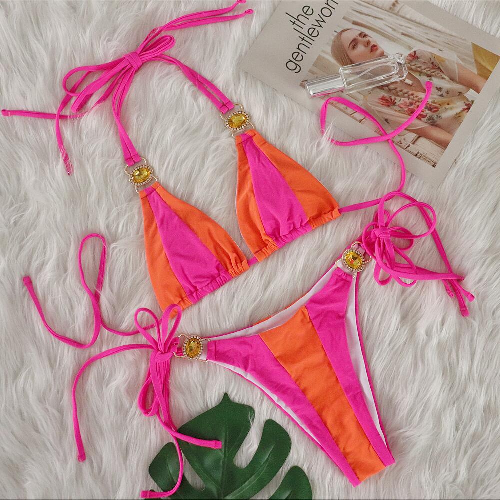Sexy Crystal Diamond Bikini Solid Color Patchwork Bandage Swimsuit Vacation Split Women Swimsuit nacarat