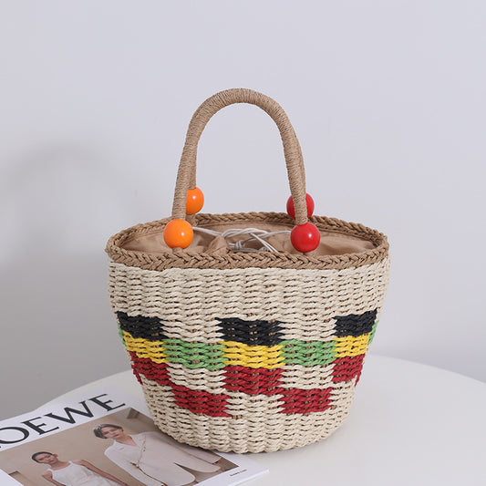 Cute Wooden Bead Portable Straw Weaved Bag Fresh Color Plaid Hand Carrying Woven Bag Fruit Picnic Basket Beach Bag