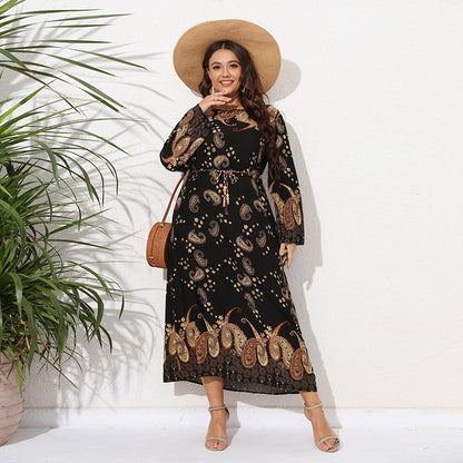 Plus Size Ethnic Loose Maxi Dress Cashew Printed Long Sleeve Dress Cashew Black