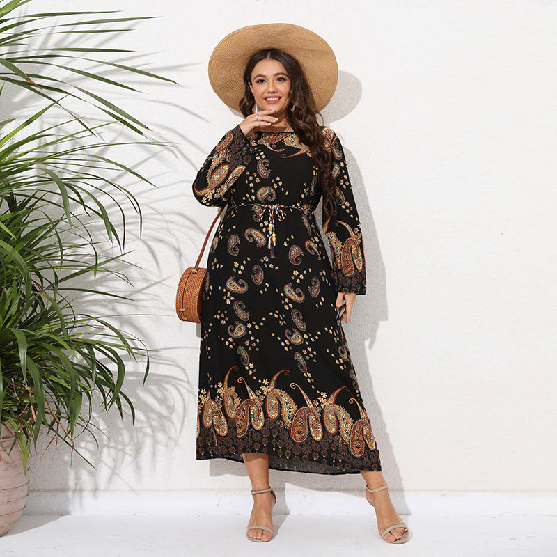 Plus Size Ethnic Loose Maxi Dress Cashew Printed Long Sleeve Dress Cashew Black