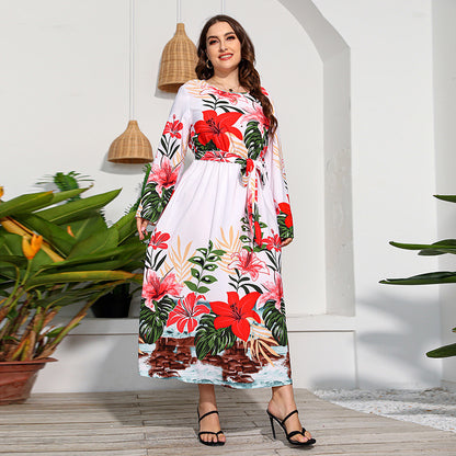 Plus Size Printed Long Sleeve Dress High Waist Lace up Vacation Swing Maxi Dress