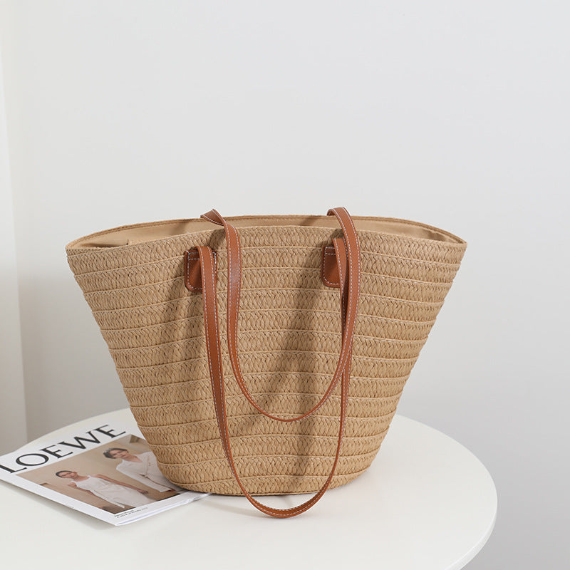 Simple Shoulder Straw Bag Large Capacity Straw Bag Woven Bag Tote Bag Women Seaside Vacation Beach Bag
