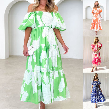 Women Clothing Elegant Floral Print off Shoulder Puff Sleeve Dress Women