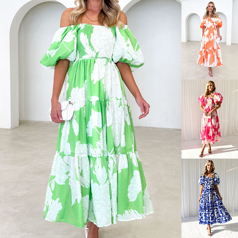 Women Clothing Elegant Floral Print off Shoulder Puff Sleeve Dress Women