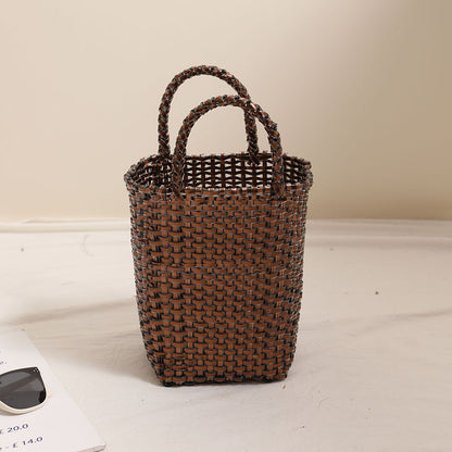 Gold Silver Color Portable Vegetable Basket Bag Solid Color Large Capacity Hand Carrying Woven Bag Seaside Vacation Beach Bag One Size Brown Brick