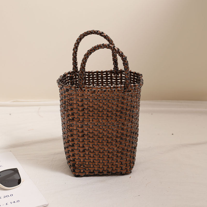 Gold Silver Color Portable Vegetable Basket Bag Solid Color Large Capacity Hand Carrying Woven Bag Seaside Vacation Beach Bag One Size Brown Brick
